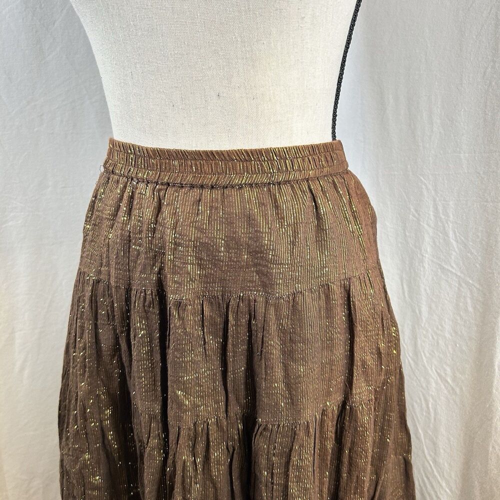 ZeroZero Y2K Hippie Boho Brown Cotton & Gold Metallic Thread Midi Skirt Size M - Picture 2 of 11